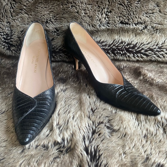 Gianni Milanese black lizard skin pointed toe pumps 37 - Picture 1 of 8